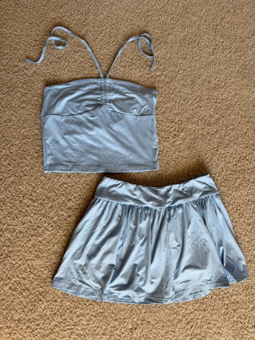 Light Blue Ruched Halter Top & Skirt Set